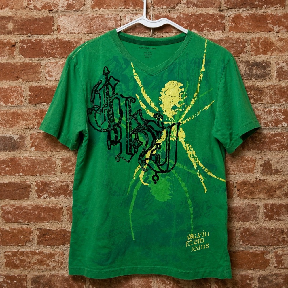 Calvin Klein Green Graphic Spider T-Shirt XL Grunge Y2K 2000s Cyberr Skater